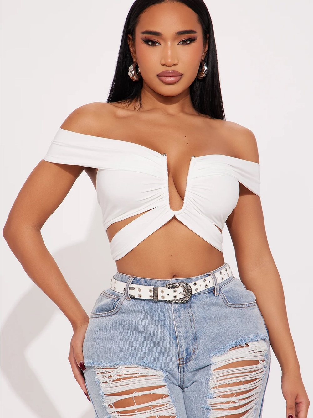 Spotlight Off-Shoulder White Twist Front Crop Top